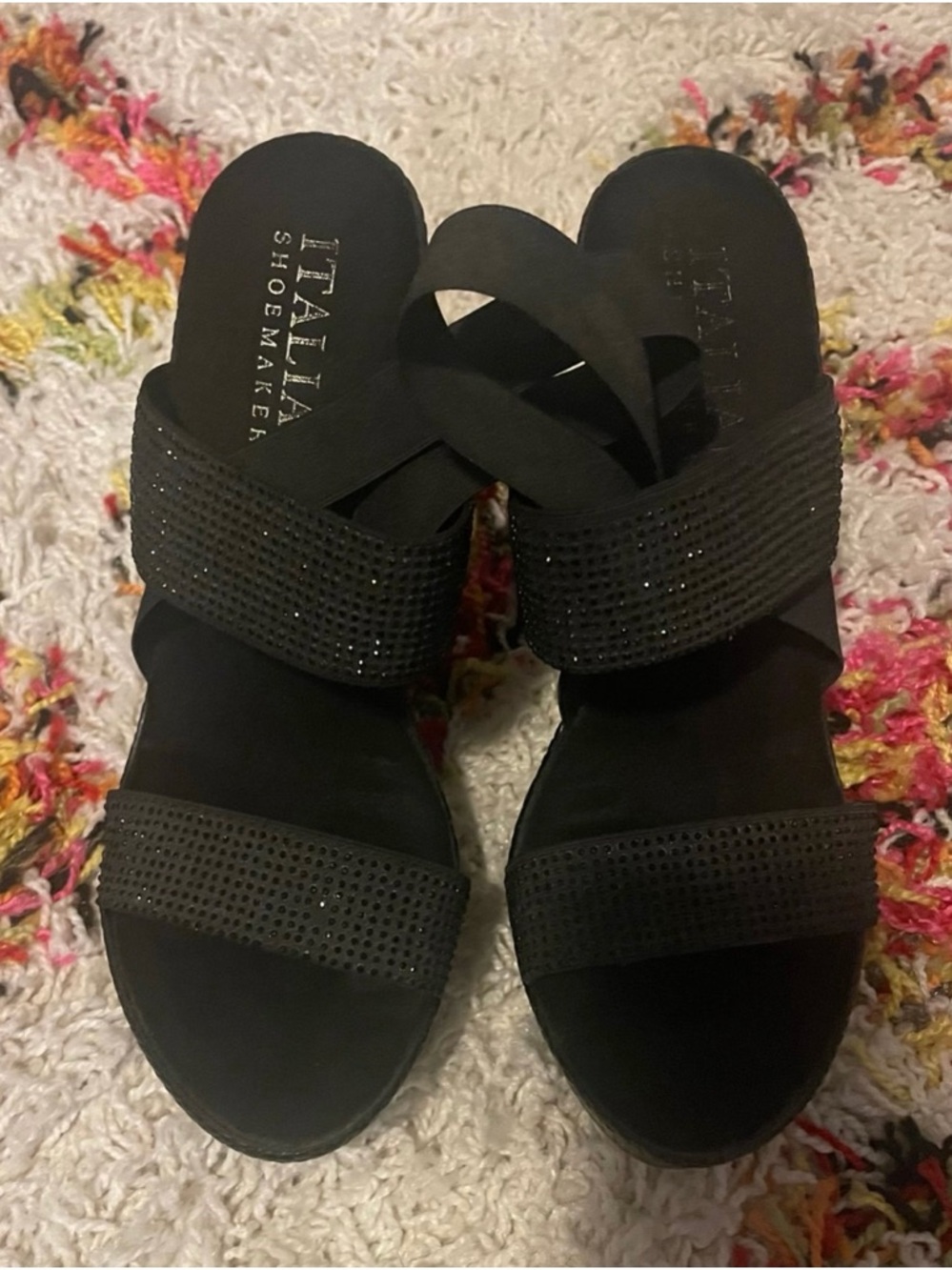 Italian Shoemakers Black Sparkle-Strap Slide Wedge